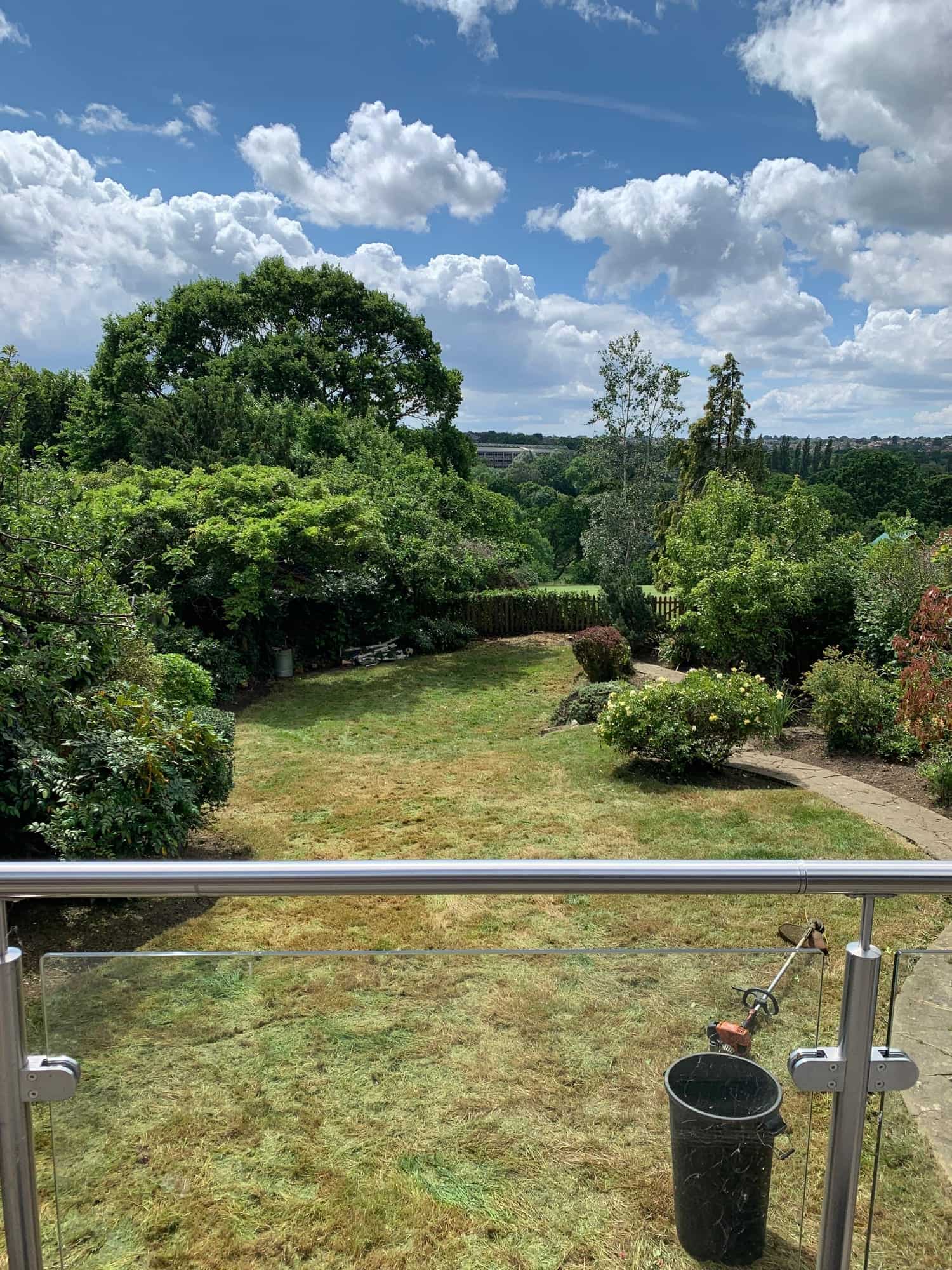 Tidy lawn and curved path after a garden clearance, with fresh planting and roses