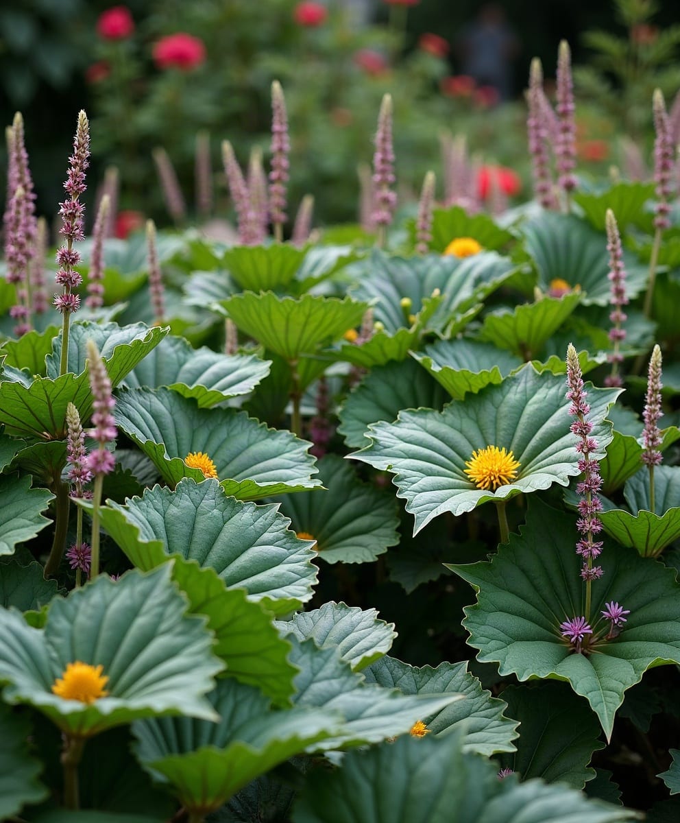 Richly planted border with contrasting leaves and flowers