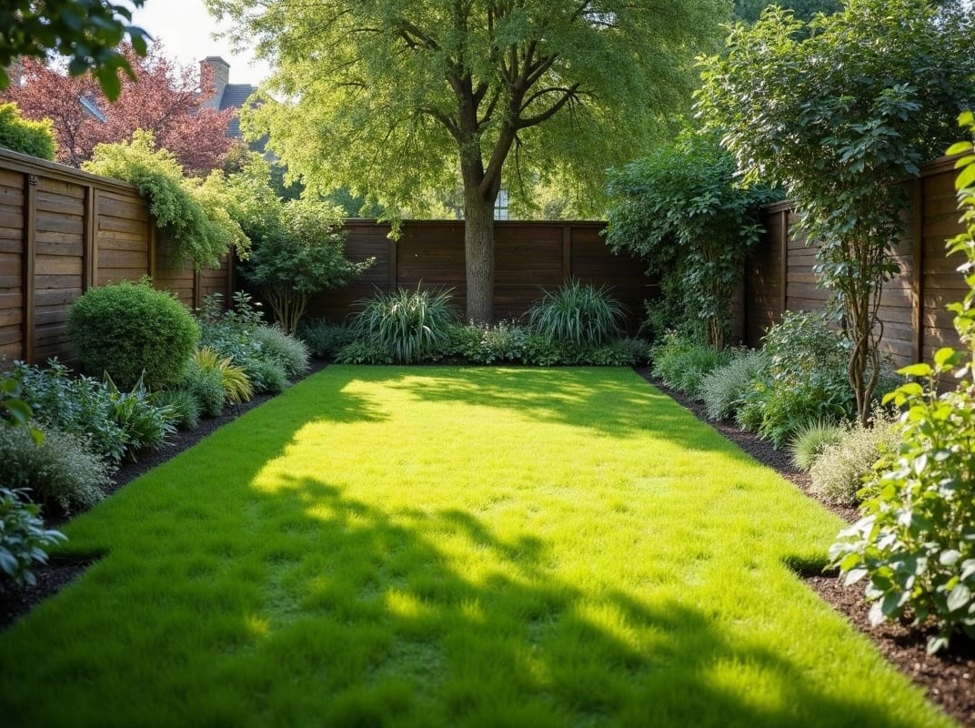 Freshly maintained London garden with mown lawn
