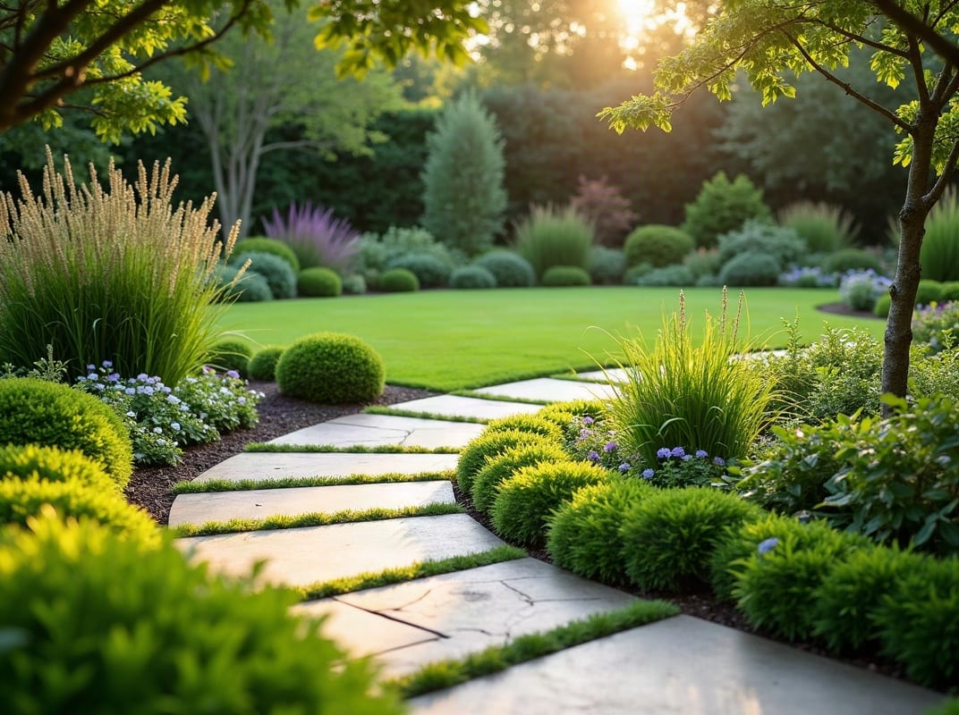 Landscaped garden with fresh turf and planting