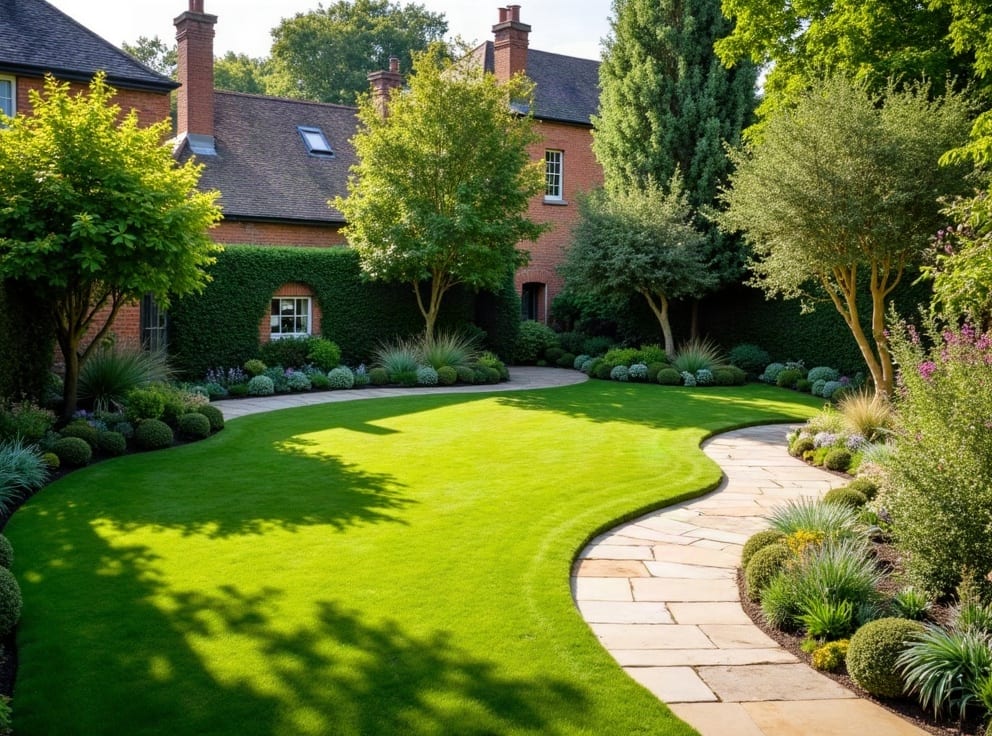 Landscaped rear garden with manicured lawn and planting borders