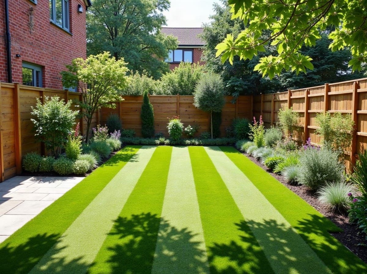 Renovated family garden with fresh striped lawn and planted borders
