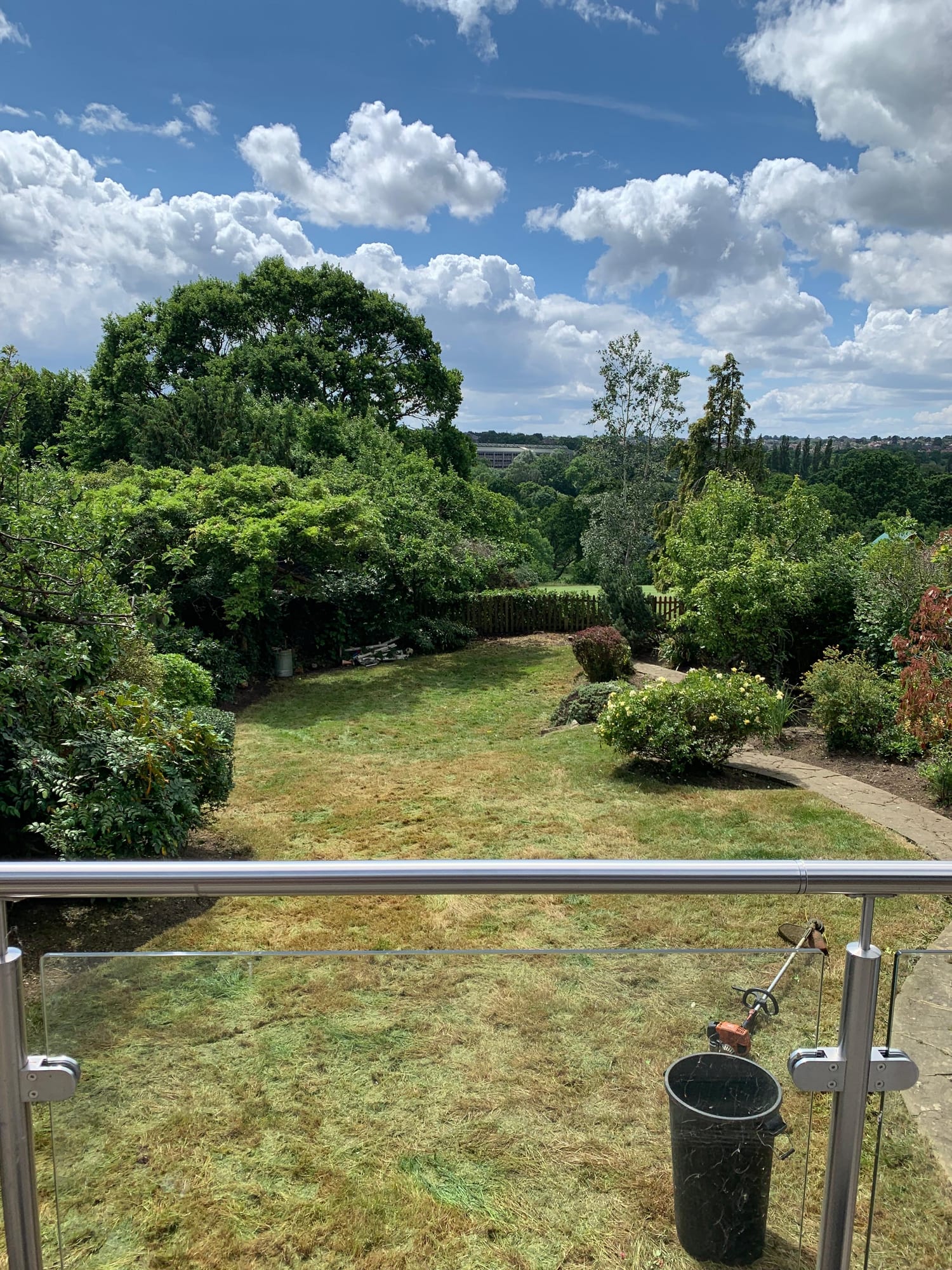 Tidy lawn and curved path after a garden clearance, with fresh planting and roses